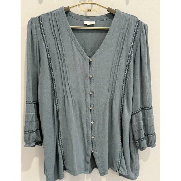 J. Jill Tops - J Jill‎ Textured Button Front Dusty Blue Long Sleeve Shirt L Embroidered Peasant